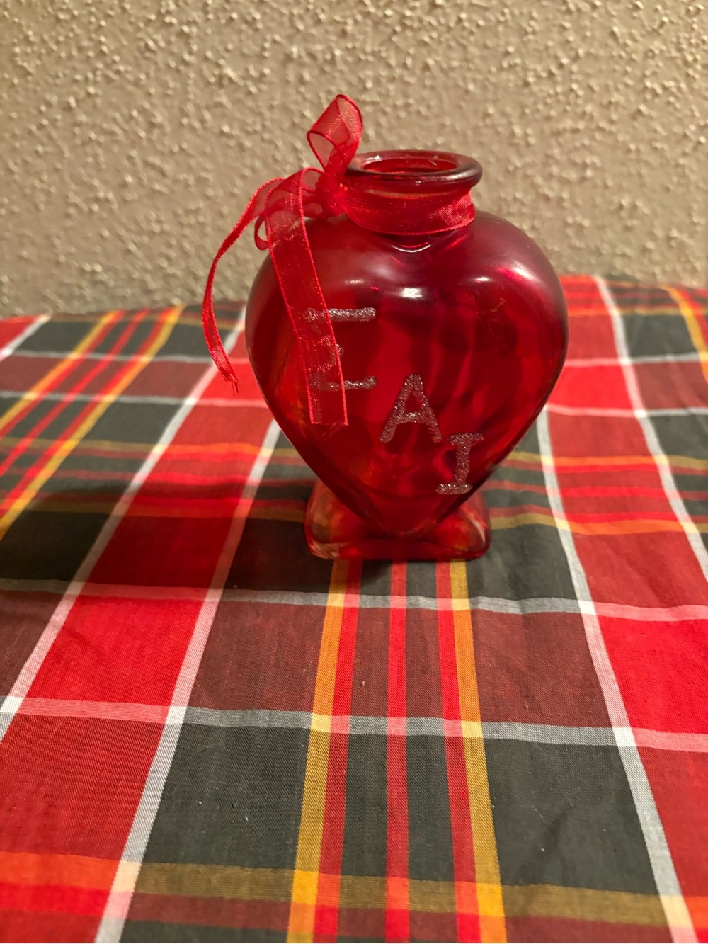 Red Heart Glass Accent Vase with Ribbon